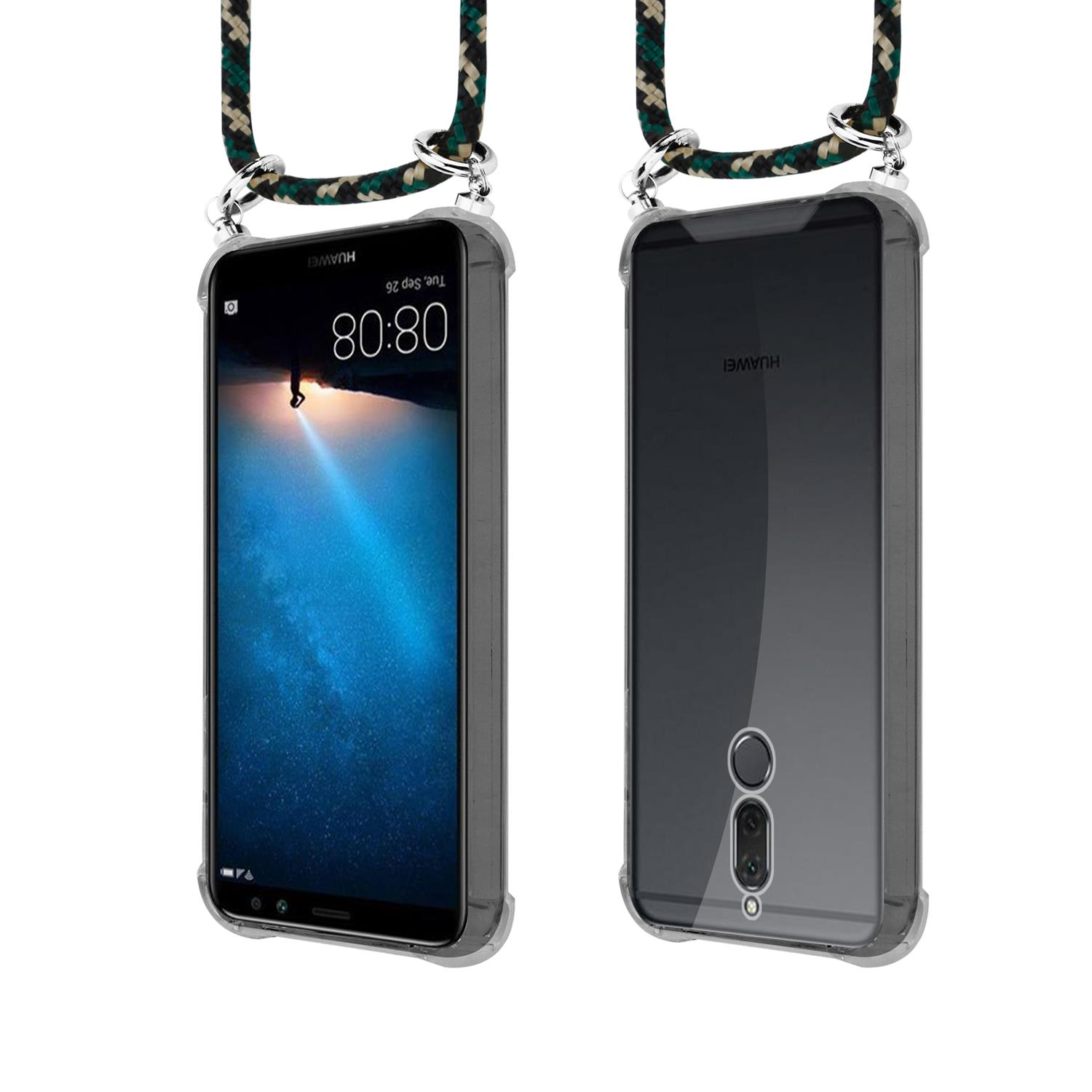 Handyhüllen mit Lanyard. Vorder- und Rückseite des Telefons. Schwarzes und grünes Seil. Schwarzer und silberner Ring.
