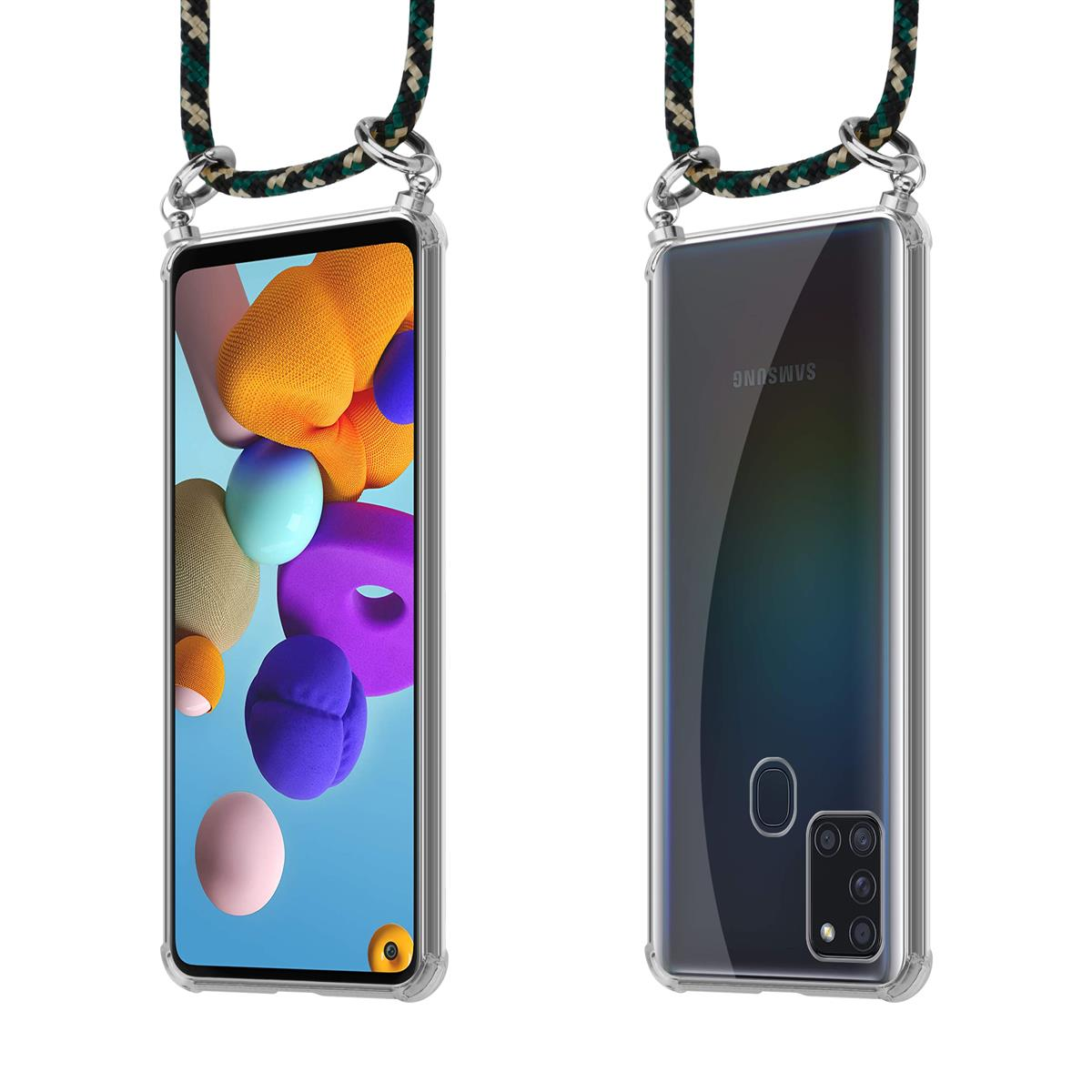 Telefono con cordino. Il telefono è trasparente e ha una custodia colorata.