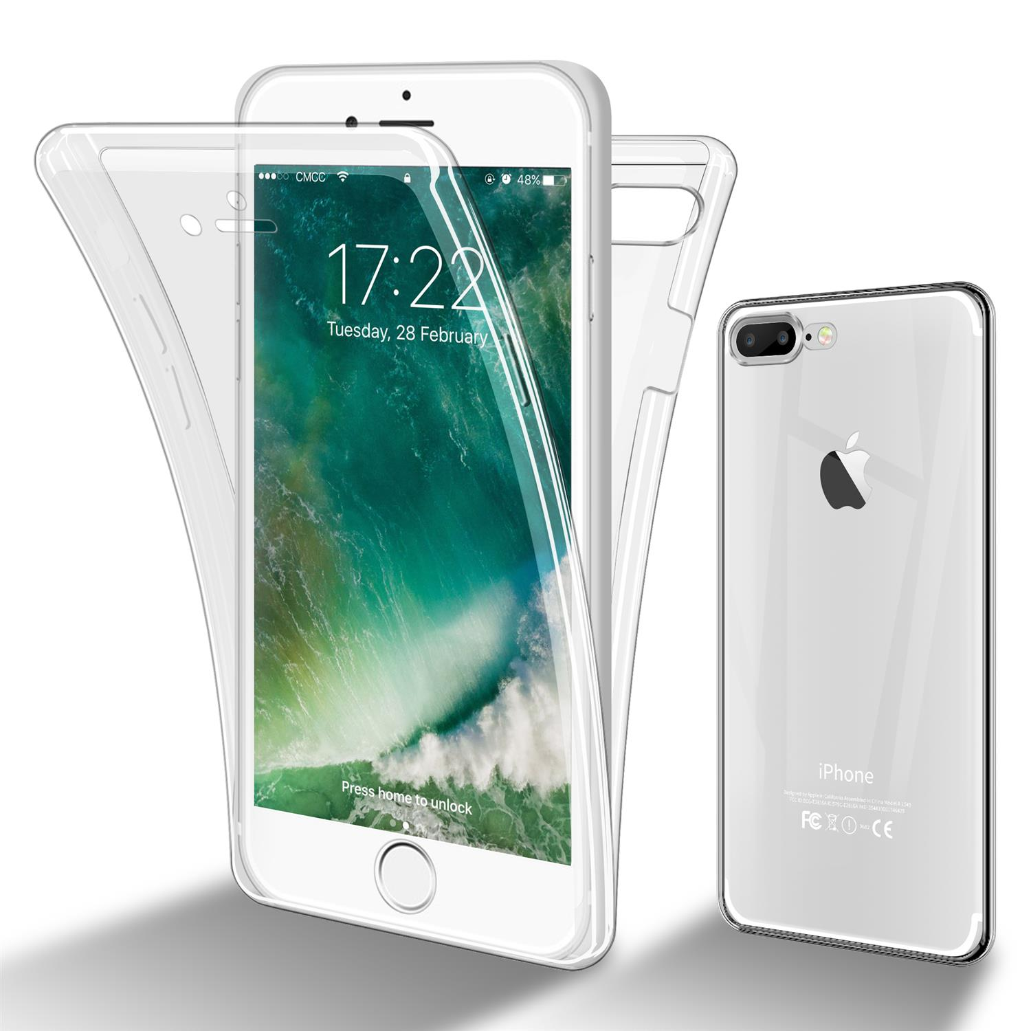 iPhone bianco con custodia protettiva trasparente. Il telefono è aperto, mostrando lo schermo.