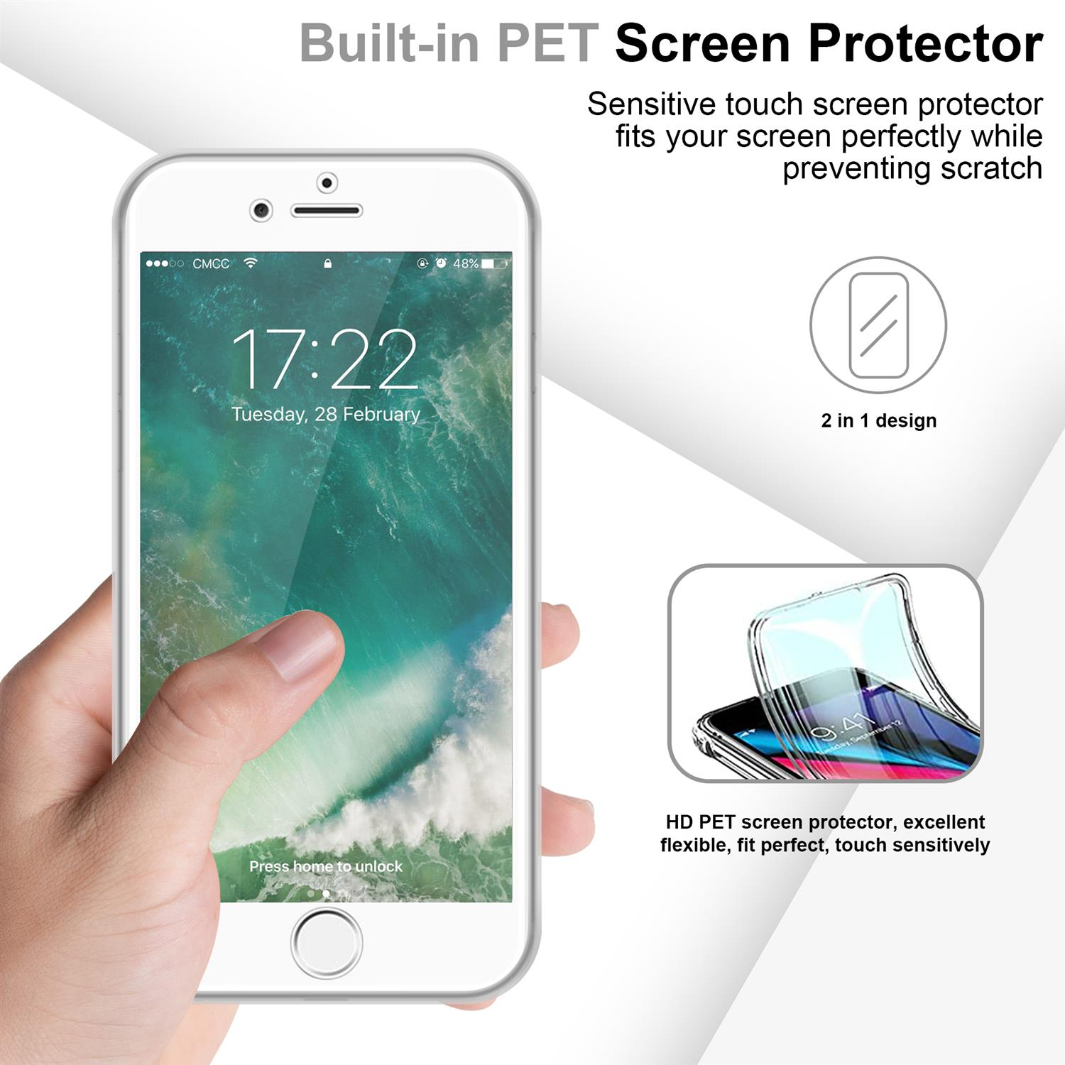 Mano che tiene un telefono bianco. Testo: Protezione schermo PET integrata. Grafica che mostra la protezione.