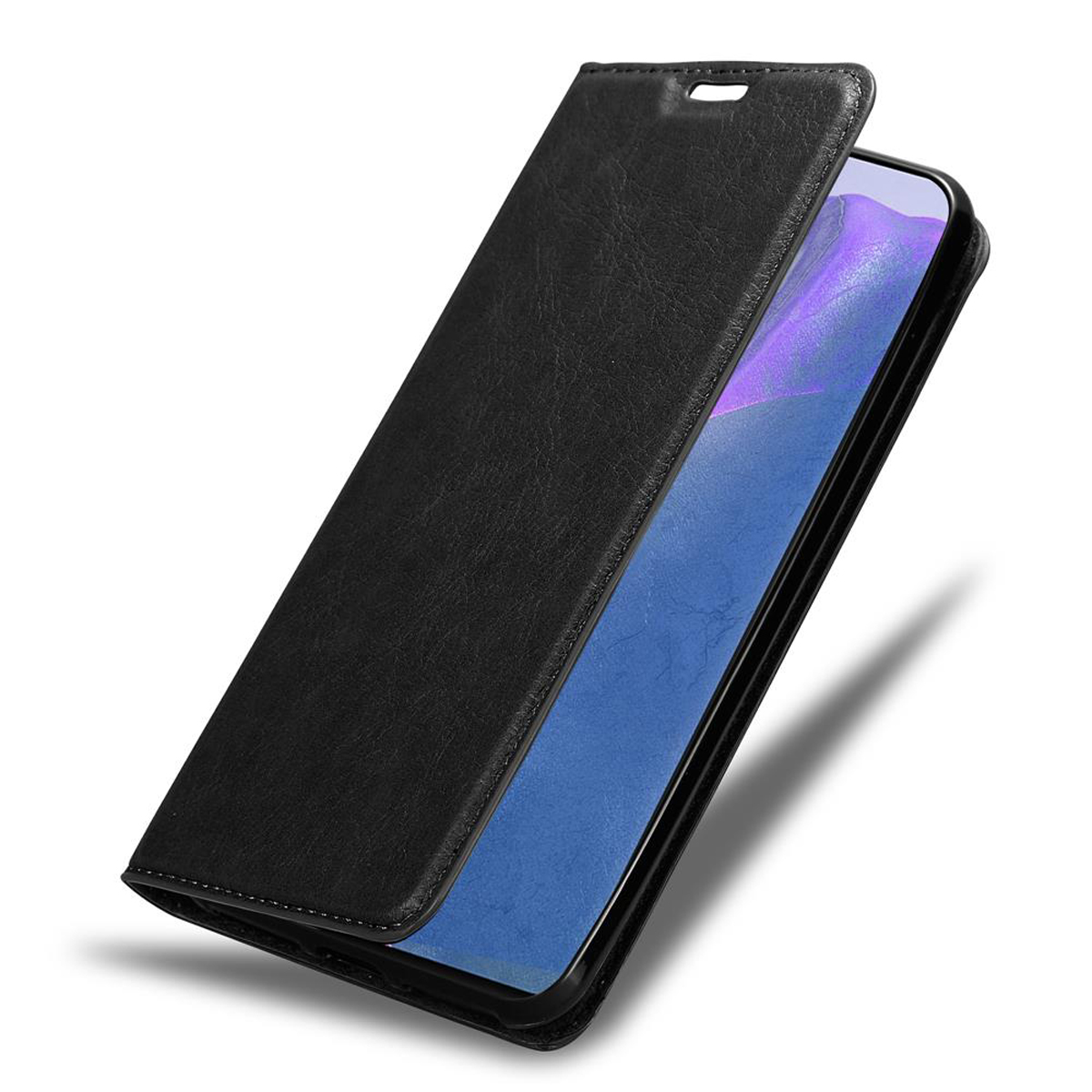 Schwarze Handyhülle offen, der Telefonbildschirm ist blau. Die Hülle ist lederartig.