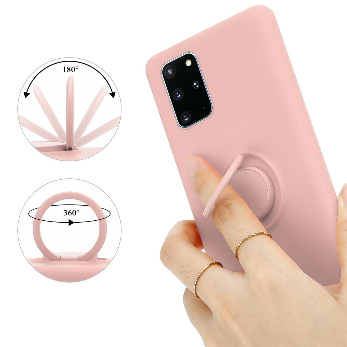 Rosa Telefon mit Ringhalter, zeigt 180 und 360 Grad. Eine Hand hält den Ring.