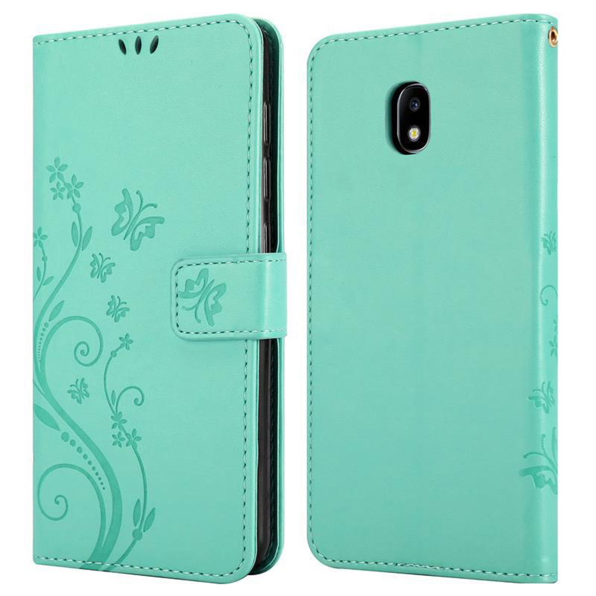 Custodia per telefono in due parti, verde menta, con motivo floreale e chiusura con bottone.