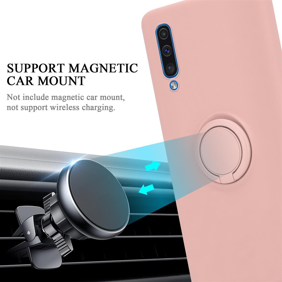 Eine rosa Handyhülle mit Ringhalterung und Autohalterung. Pfeile zeigen magnetische Befestigung an.