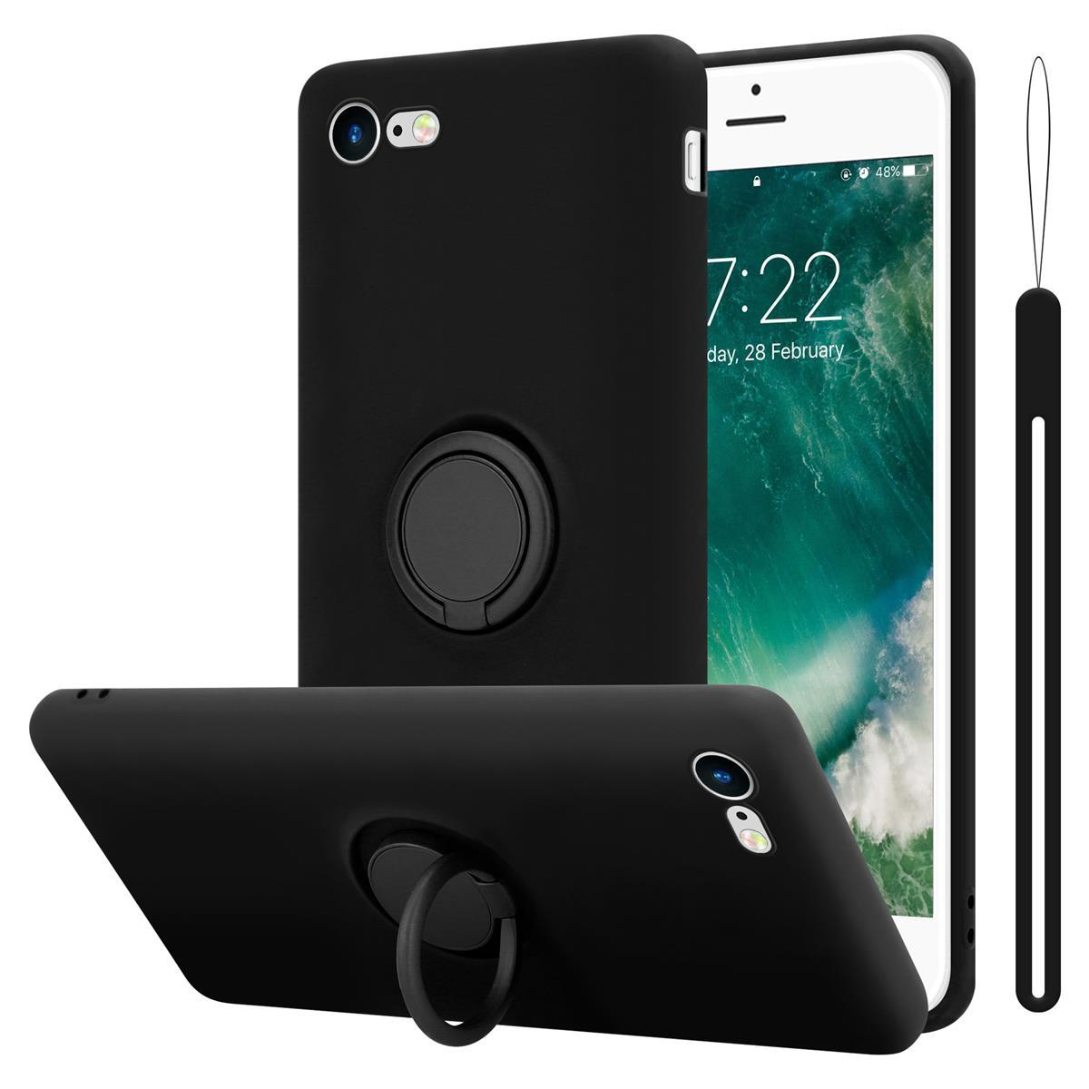 Custodia per telefono nera con supporto ad anello e fotocamera. Il telefono mostra l'ora e la percentuale della batteria sullo schermo.