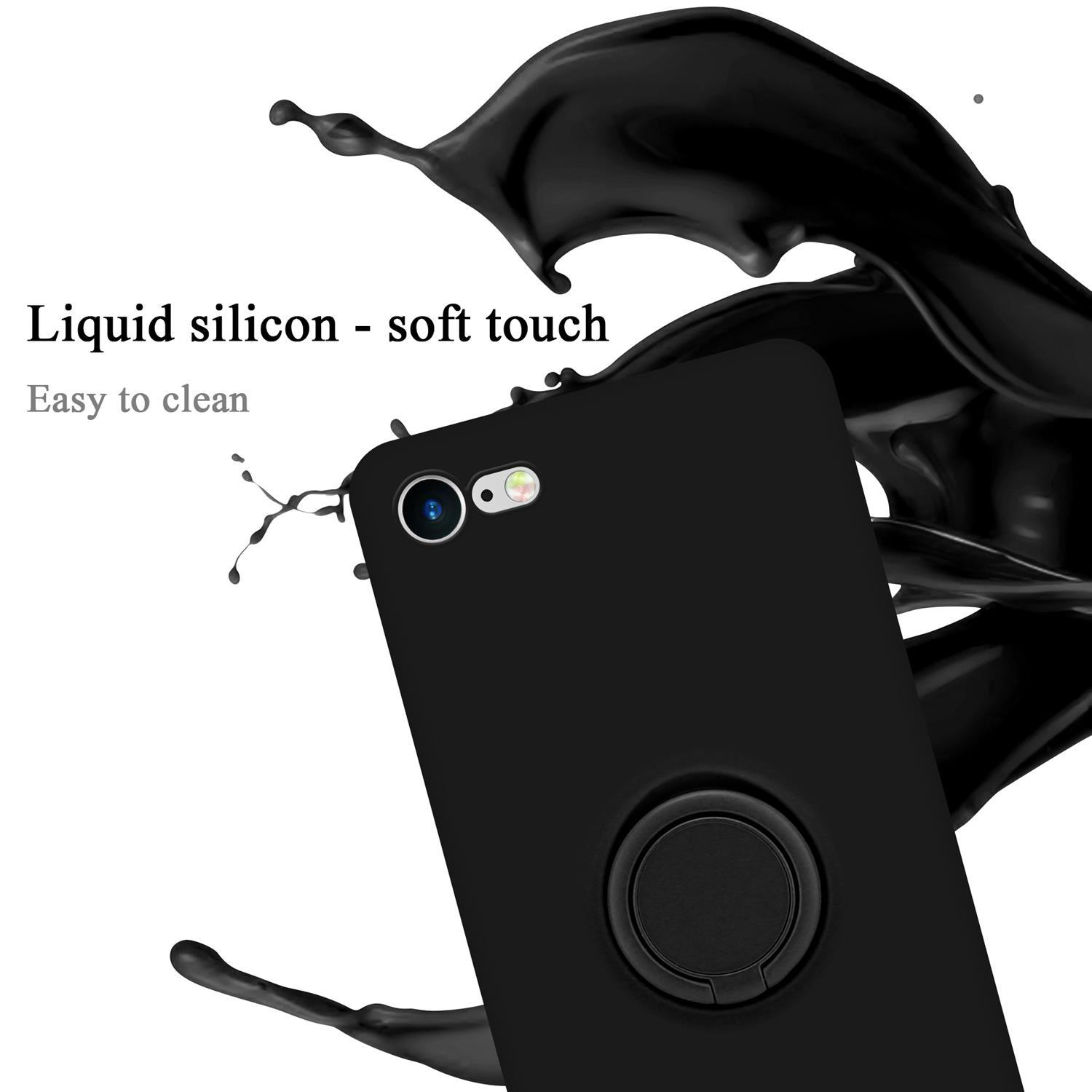 Custodia nera per telefono con anello di supporto; schizzo di liquido nero sullo sfondo. Testo: Silicone liquido - soft touch, facile da pulire.