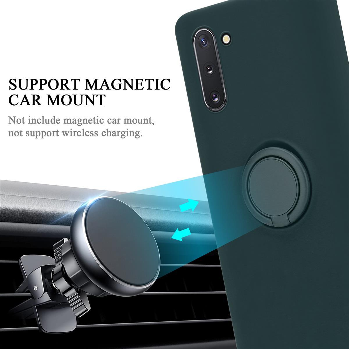 Eine dunkelgrüne Handyhülle mit einer magnetischen Autohalterung, mit Text: magnetische Autohalterung unterstützen.