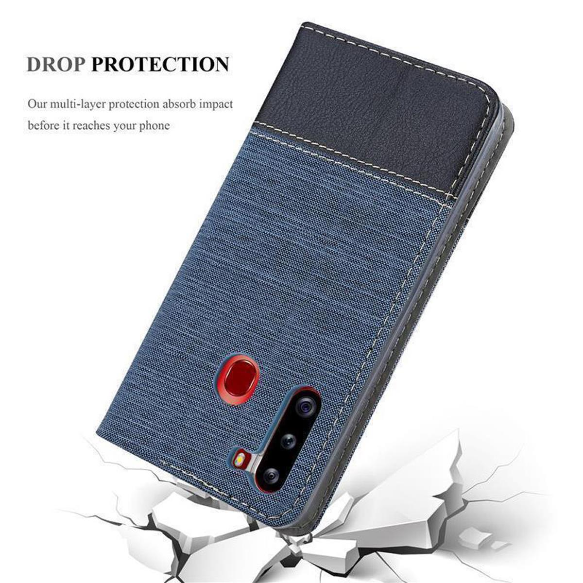 Custodia per telefono blu e nera. Protezione dalle cadute scritta sopra. Fotocamera e flash del telefono visibili.