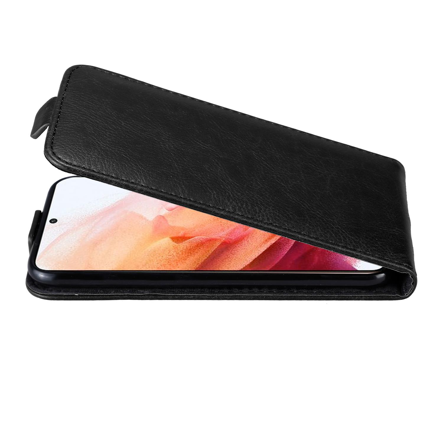 Schwarze Leder-Handyhülle geöffnet, zeigt ein Telefon im Inneren. Das Telefon hat einen rosa Hintergrund.