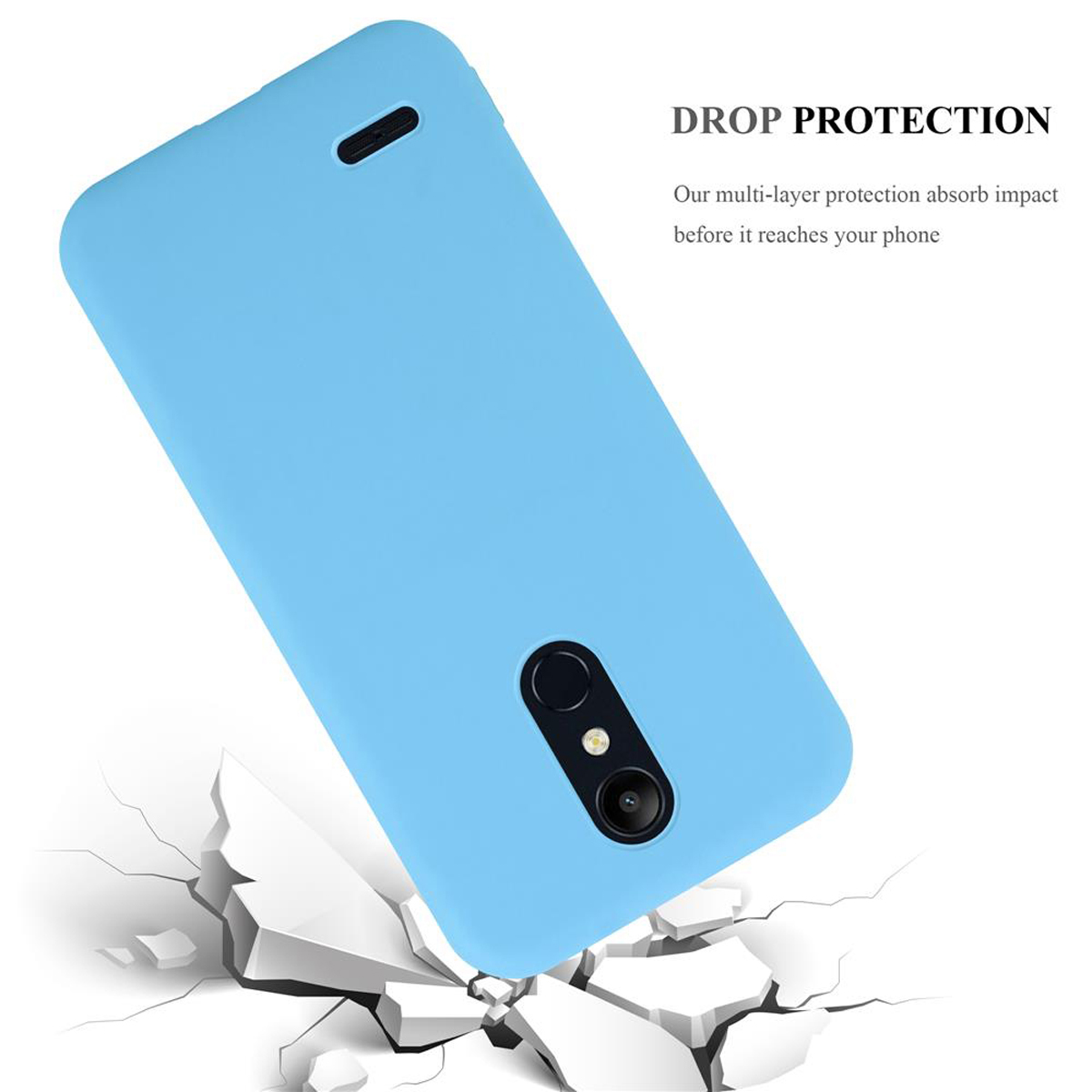 Custodia blu per telefono, pavimento incrinato. Testo: Protezione dalle cadute.