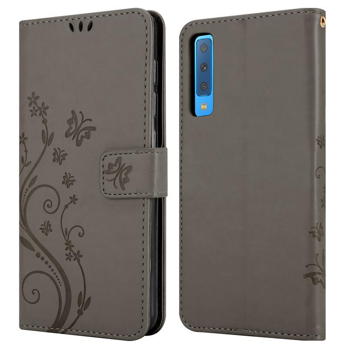 Una custodia grigia per telefono è aperta, mostrando lo schermo del telefono. Design floreale sulla cover.