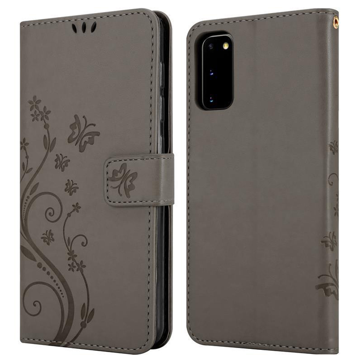 Eine graue Handyhülle mit floralem Design wird geöffnet und geschlossen gezeigt.