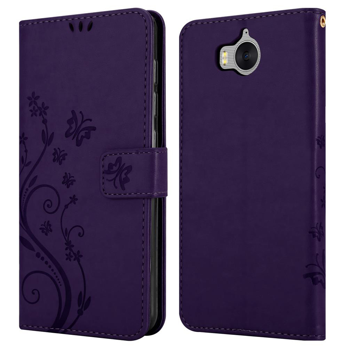 Custodia per telefono viola, aperta e chiusa, con design floreale. Dotata di chiusura magnetica.