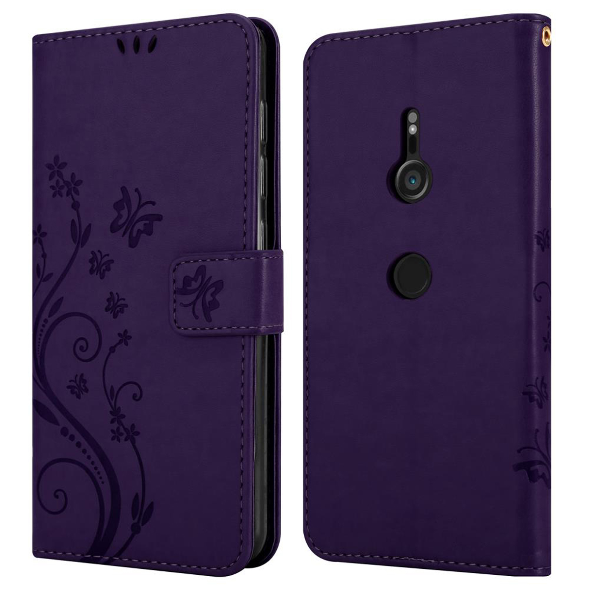 Custodia per telefono viola con motivo floreale. Custodia aperta mostra il telefono. Chiusa, ha una chiusura e un ritaglio per la fotocamera.