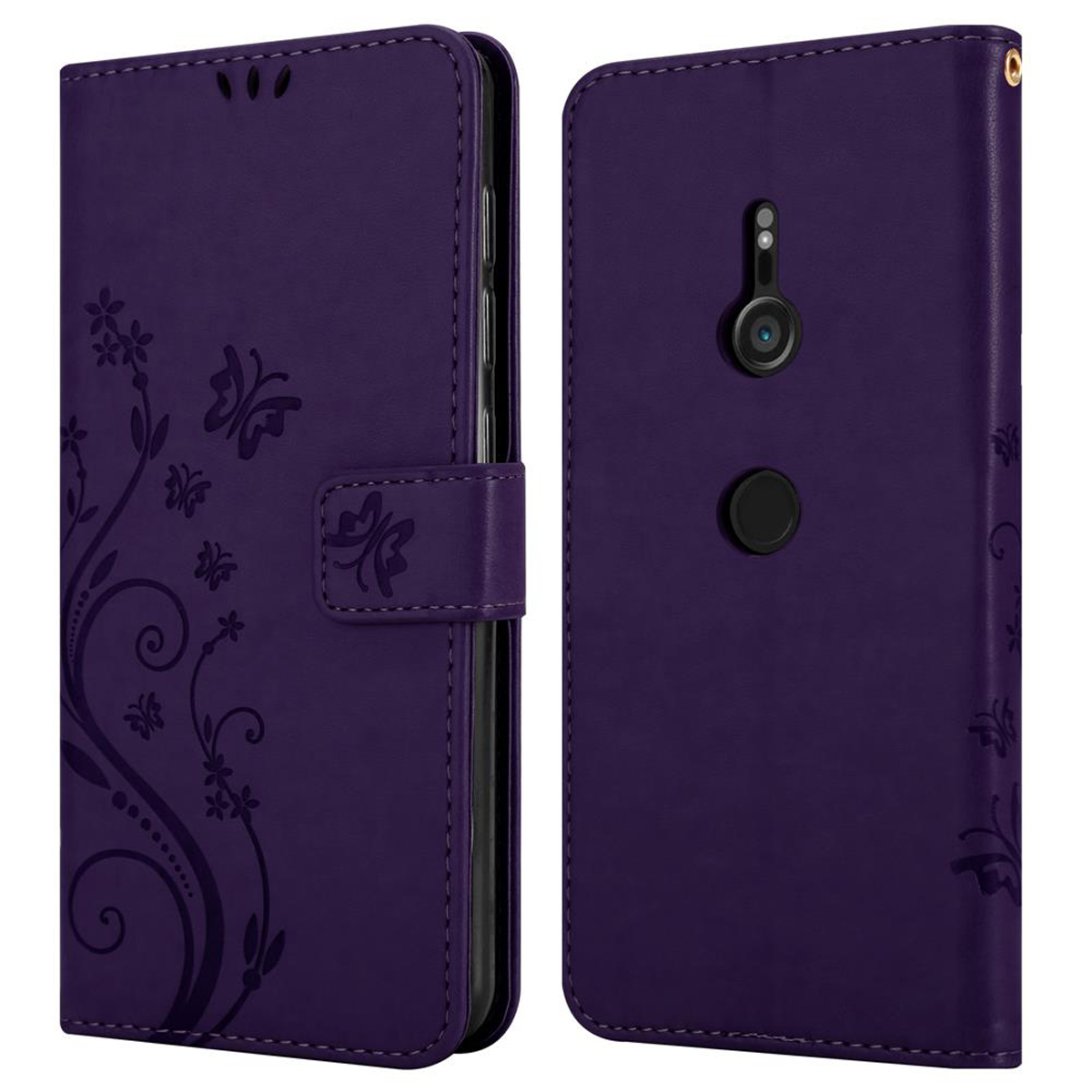 Custodia per telefono viola con design floreale. Due immagini della custodia, aperta e chiusa.