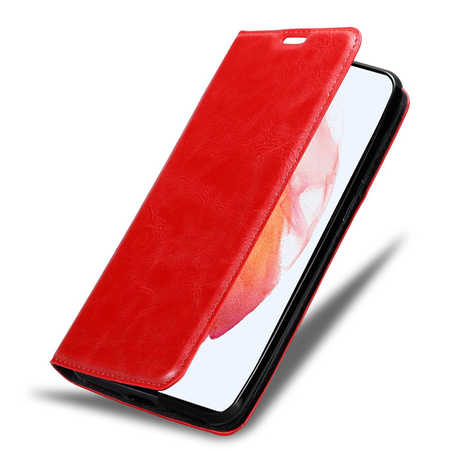 Custodia per telefono rossa. Il telefono è all'interno. La custodia è aperta. L'interno ha un bordo nero.