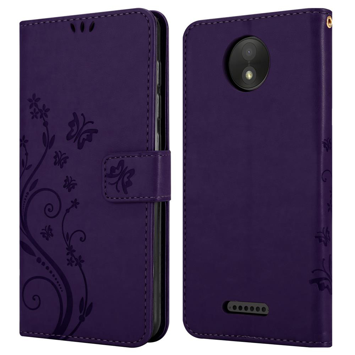 Custodia per telefono in due pezzi, viola, aperta e chiusa. L'aperta mostra un telefono con fiori.