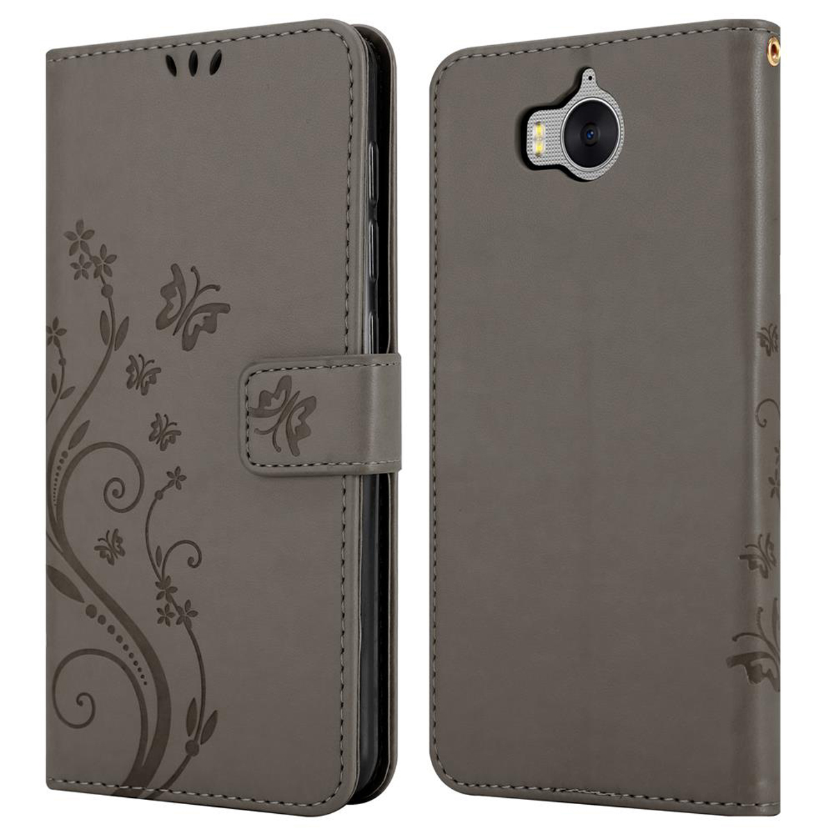 Custodia per telefono grigia, chiusa e aperta, con un design floreale e chiusura magnetica.