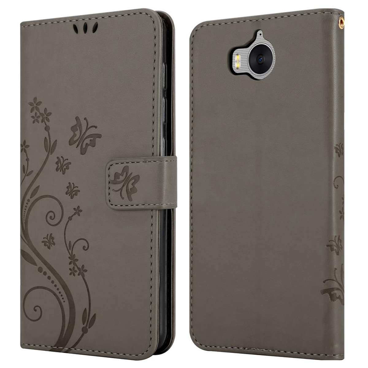 Custodia per telefono grigia con design floreale e farfalla, vista aperta e chiusa, su sfondo bianco.