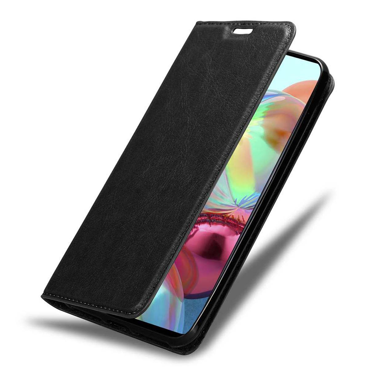 Custodia per telefono in pelle nera, chiusa e aperta. L'interno della custodia è di colore chiaro con un telefono dentro.