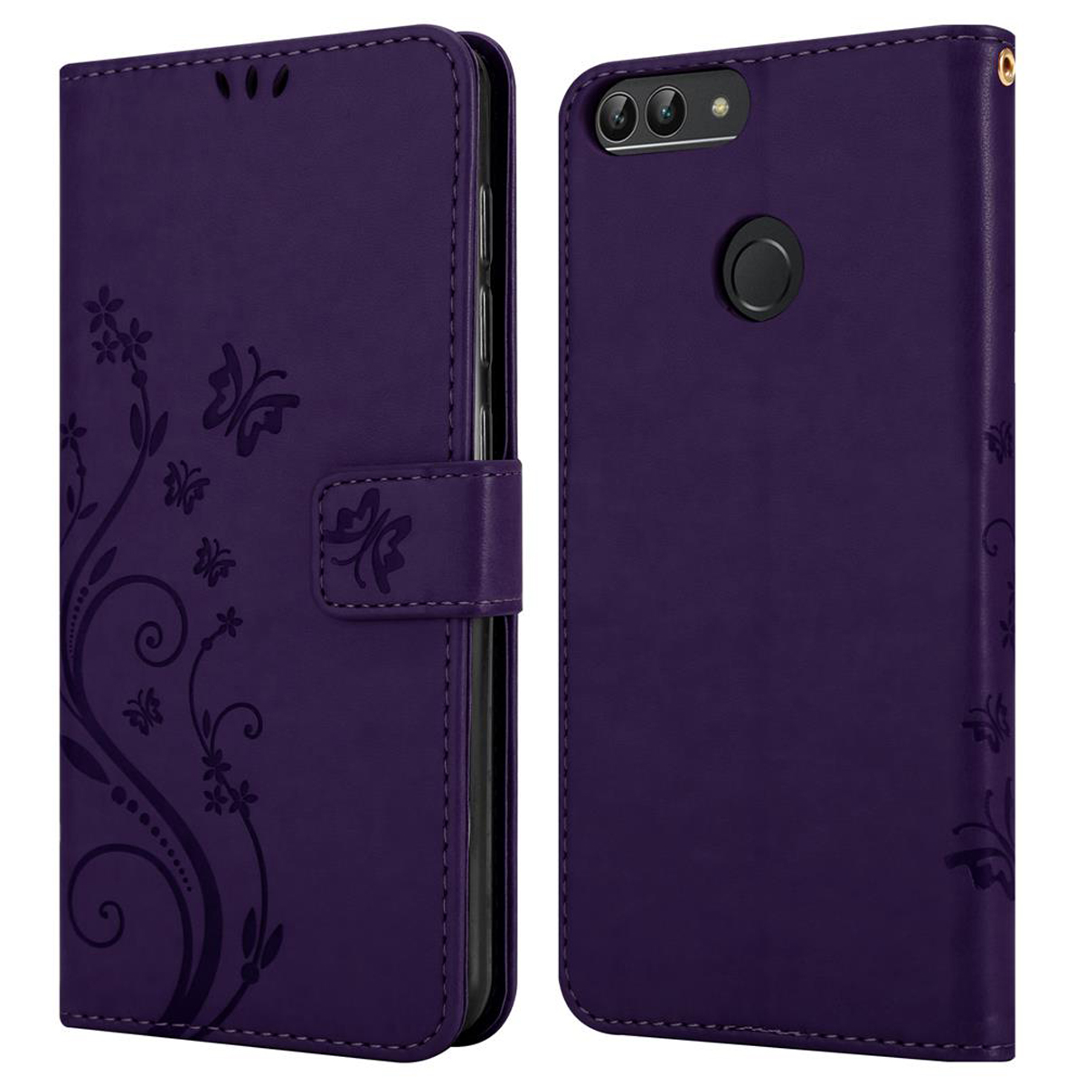 Custodia per telefono viola con un design a farfalla e una chiusura magnetica. Mostra la parte anteriore e posteriore.