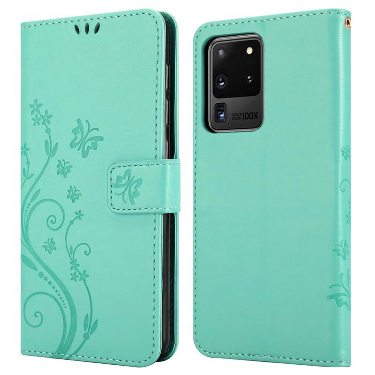 Minzgrüne Handyhülle mit Schmetterlings- und Blumendesign. Die Hülle hat eine Abdeckung und Telefonkamera.
