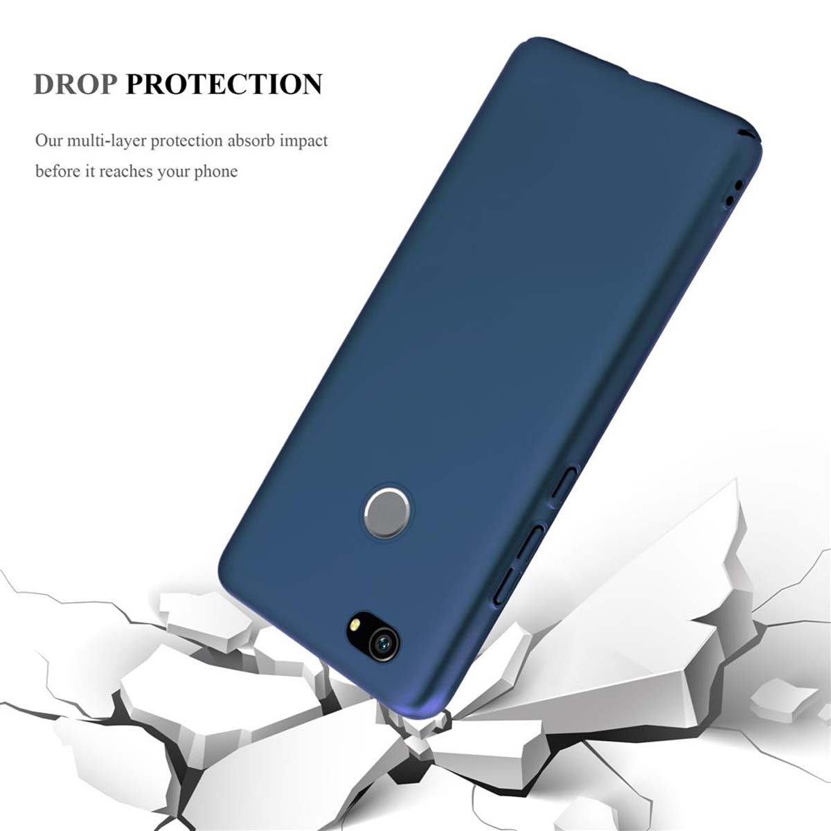Una custodia blu per telefono è mostrata ad angolo, con cemento rotto in primo piano.