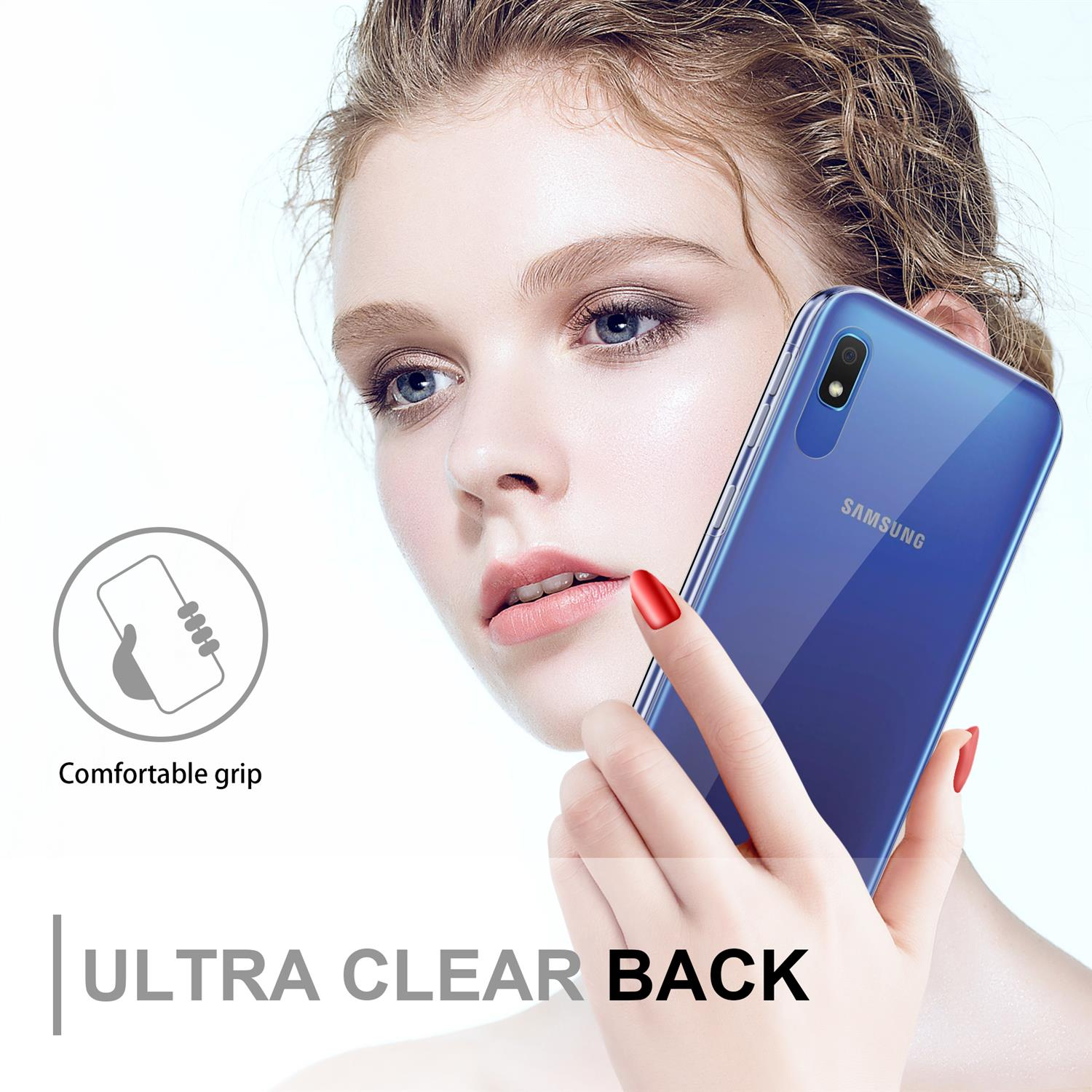 Donna che tiene un telefono con custodia trasparente. Retro ultra trasparente. Logo Samsung. Presa comoda.