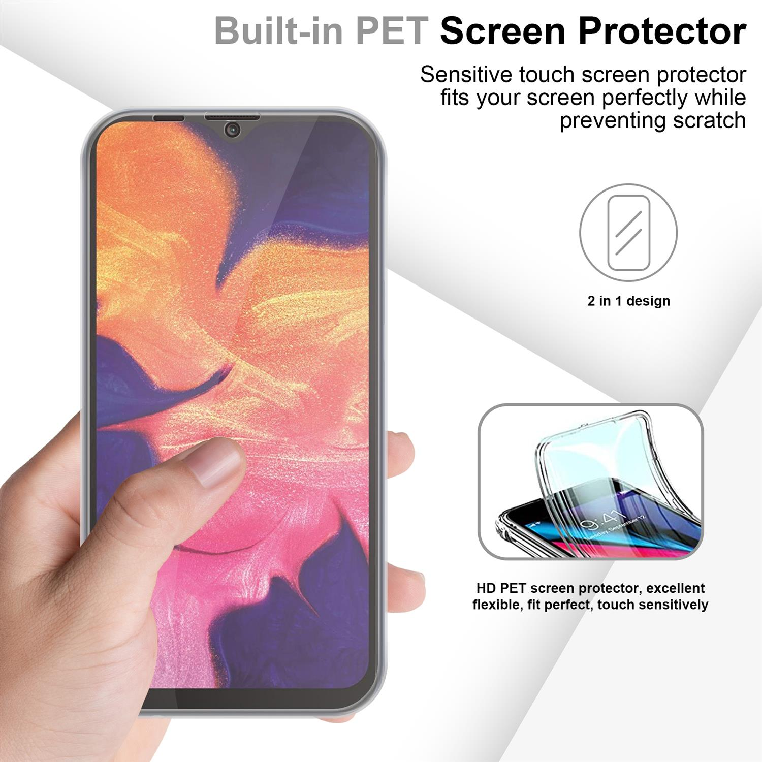 Una persona che tiene in mano un telefono con una protezione per lo schermo, con testo sulla protezione dello schermo.