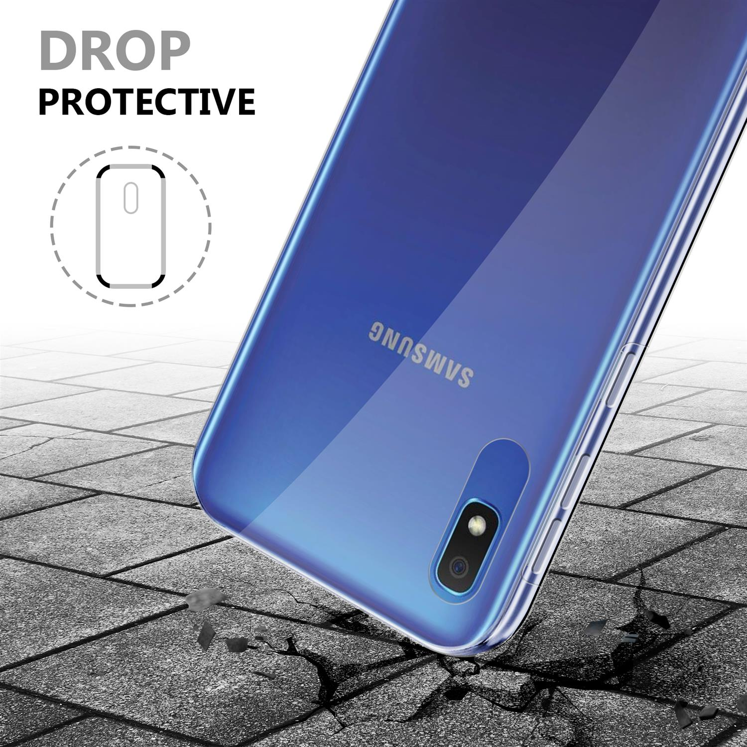Custodia blu per telefono. Un angolo della custodia è mostrato con una grafica di protezione dalle cadute. Sfondo di pietra.