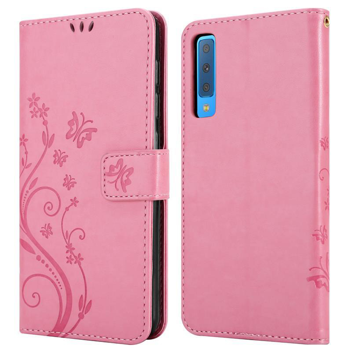 Una custodia rosa per telefono, aperta, con disegni floreali e farfalle. Sfondo bianco.