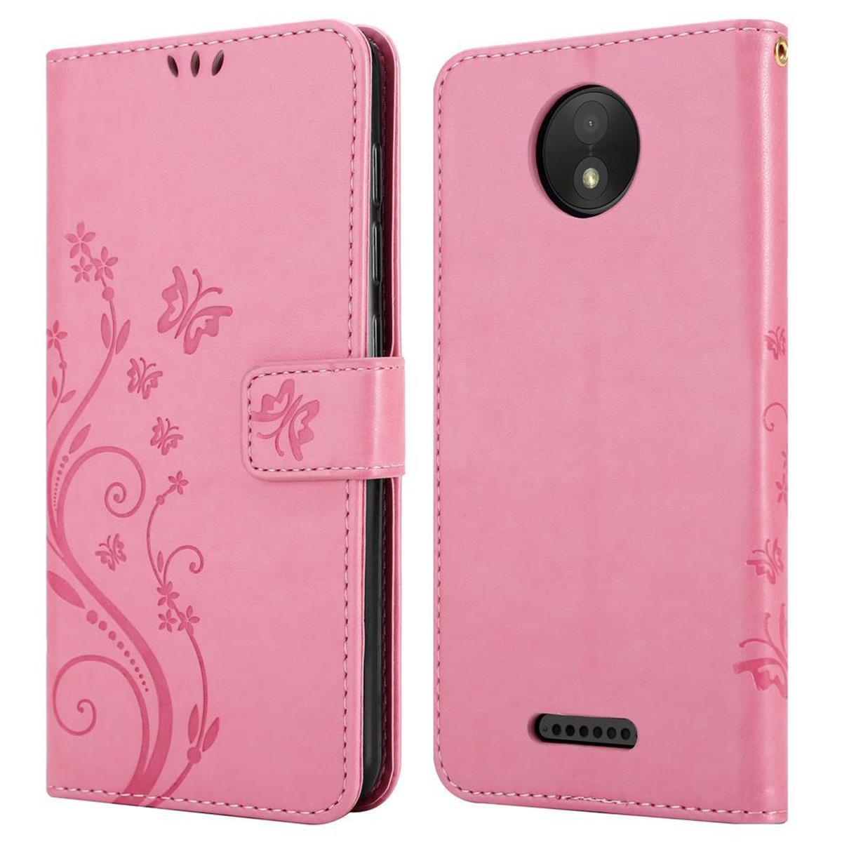 Custodia per telefono rosa con design floreale. È una custodia a portafoglio, con chiusura magnetica.
