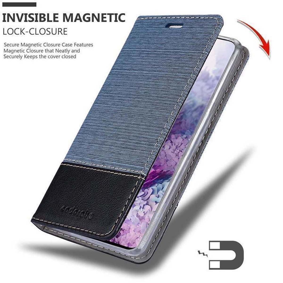 Custodia per telefono con motivo blu, testo: 'CHIUSURA MAGNETICA INVISIBILE' e un magnete.