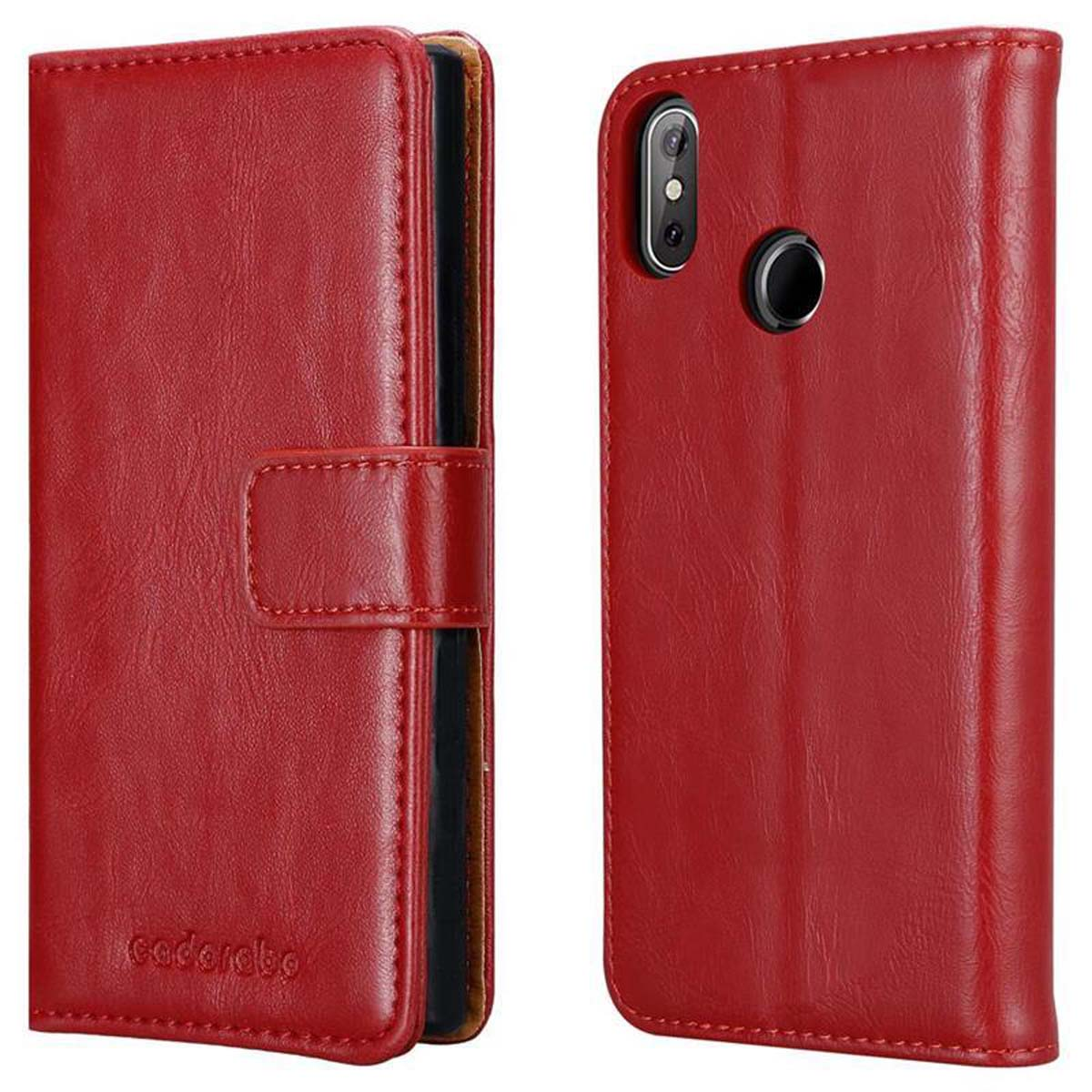 Rotes Leder-Handy-Etui, Vorder- und Rückansicht. Die Vorderseite hat einen Verschluss. Die Rückseite hat eine Kamera.