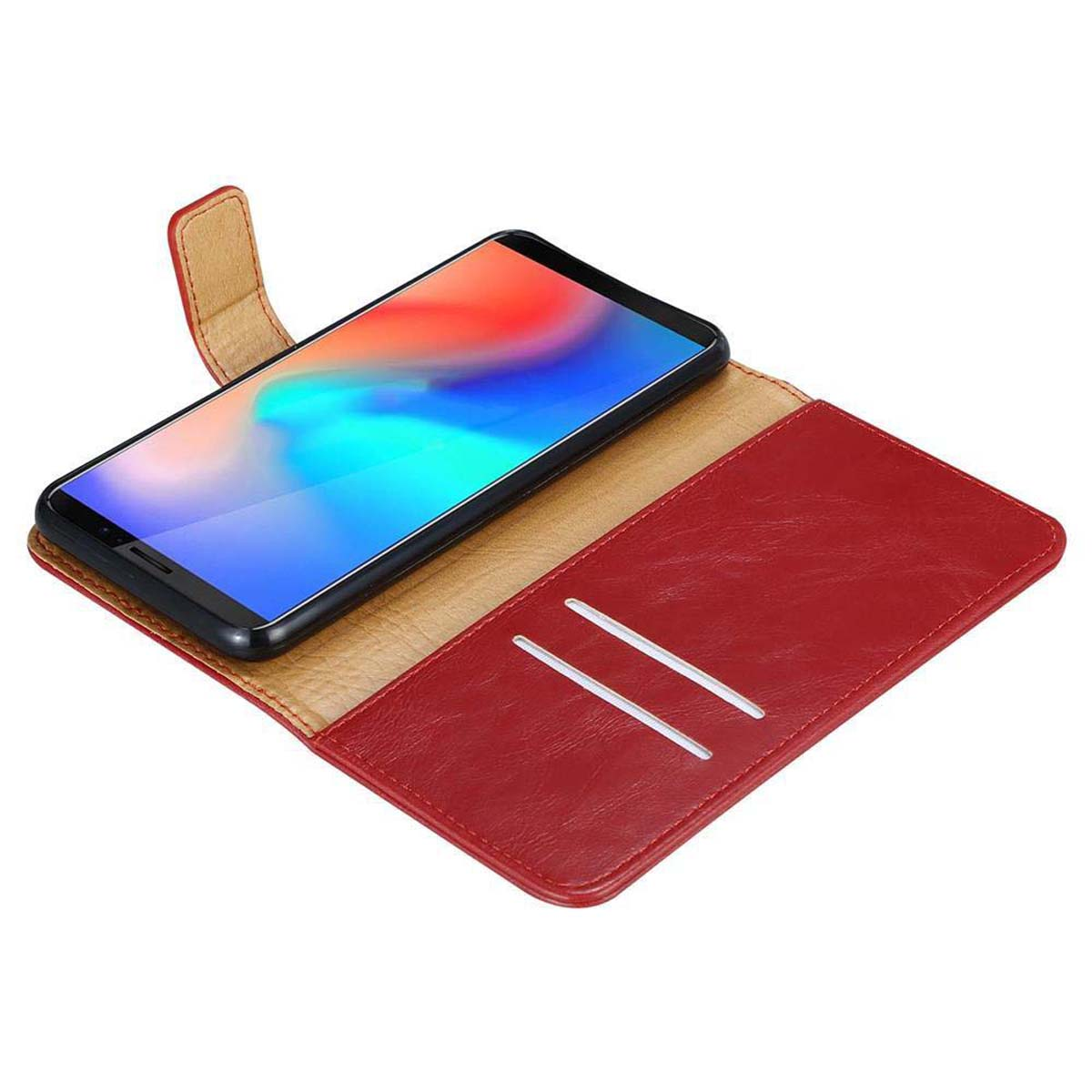 Eine rote Handyhülle ist geöffnet, mit dem Telefon darin. Das Telefon ist schwarz und hat einen bunten Bildschirm.