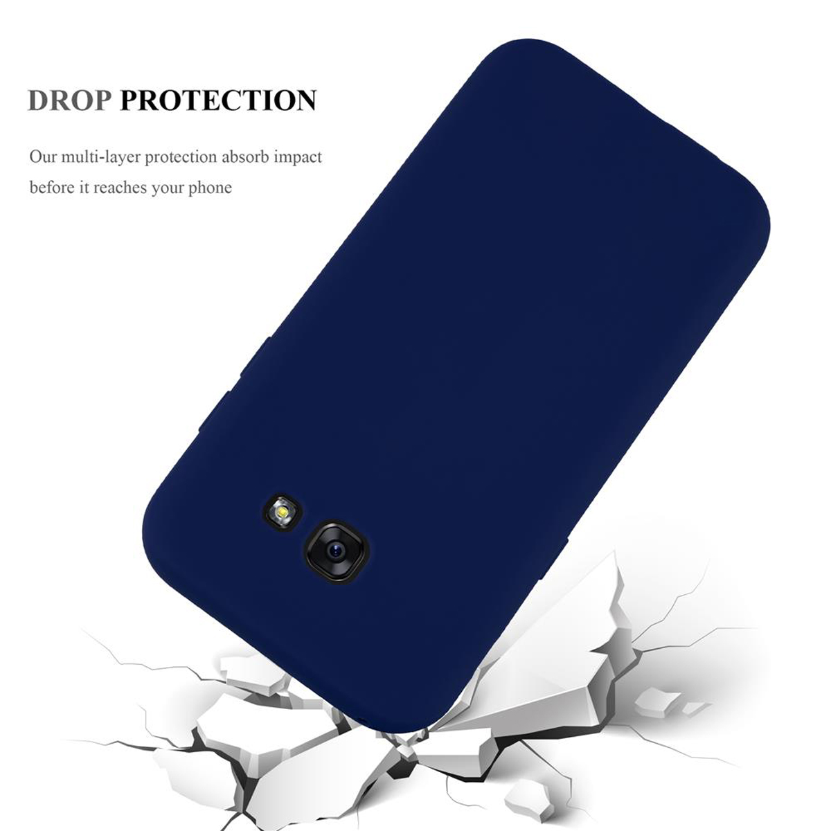 Custodia per telefono blu navy con sfondo bianco. Testo: 'Protezione dalle cadute'.
