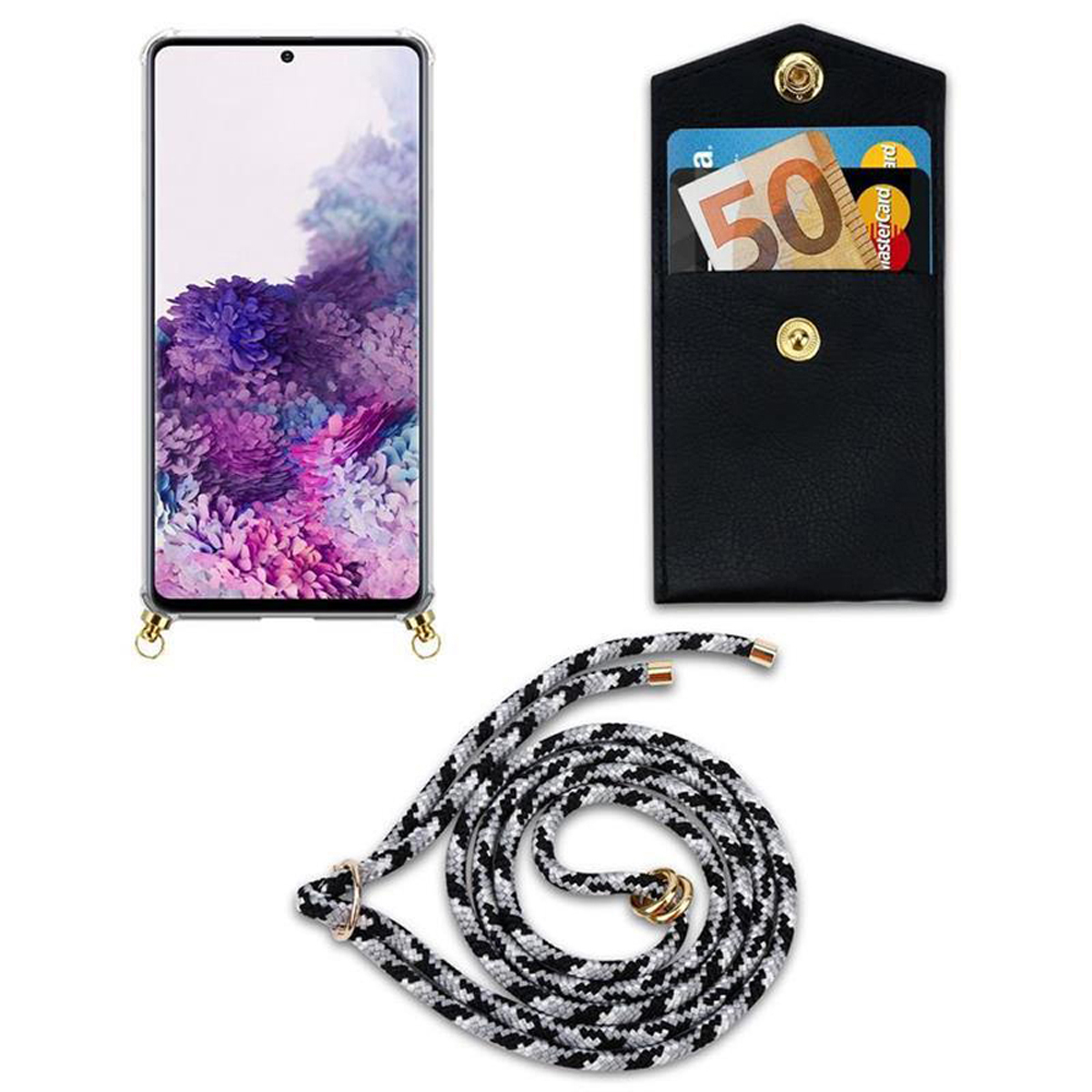 Custodia per telefono con cordino bianco e nero e portafoglio nero con carte.