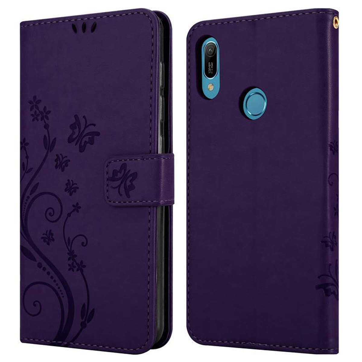 Custodia viola per telefono, aperta e chiusa. Design floreale sul davanti.