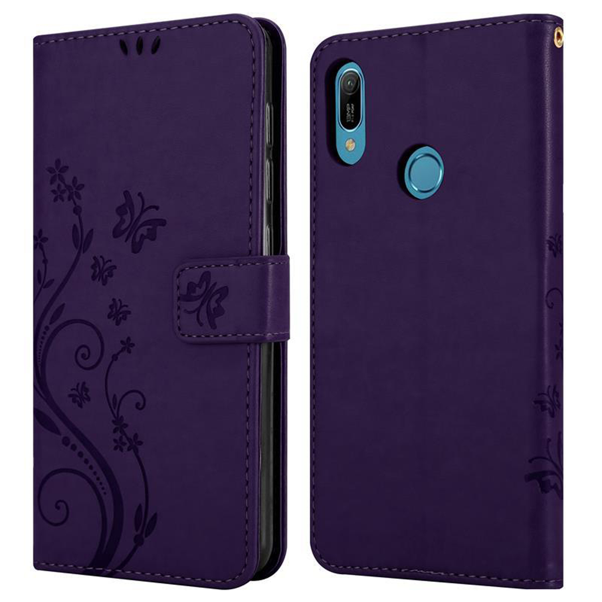 Una custodia per telefono viola con disegni floreali. La custodia è aperta, rivelando il telefono all'interno.