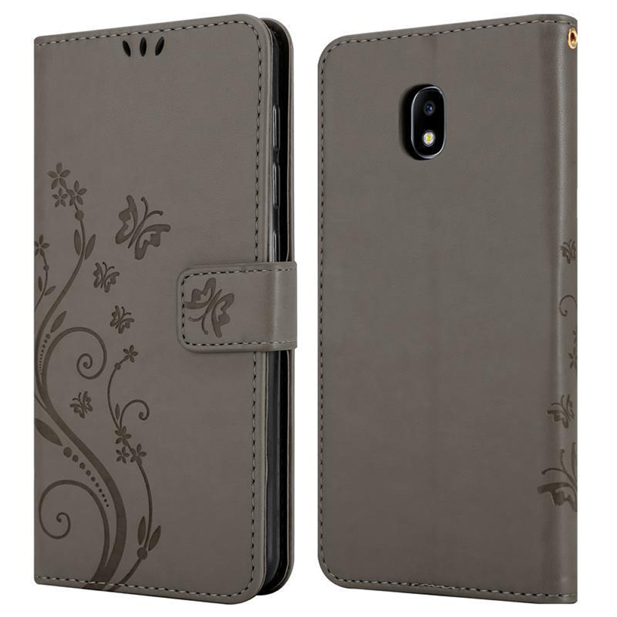 Una custodia grigia per telefono in stile portafoglio con design floreale e chiusura magnetica.