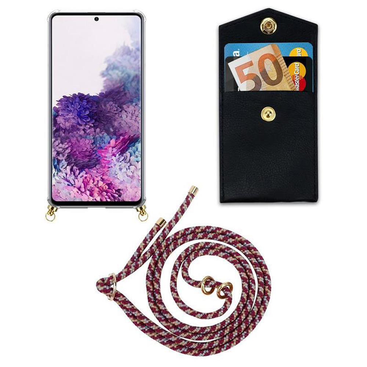 Un telefono in una custodia con cordino. Anche una tasca nera con carte e denaro e un cordino attorcigliato.