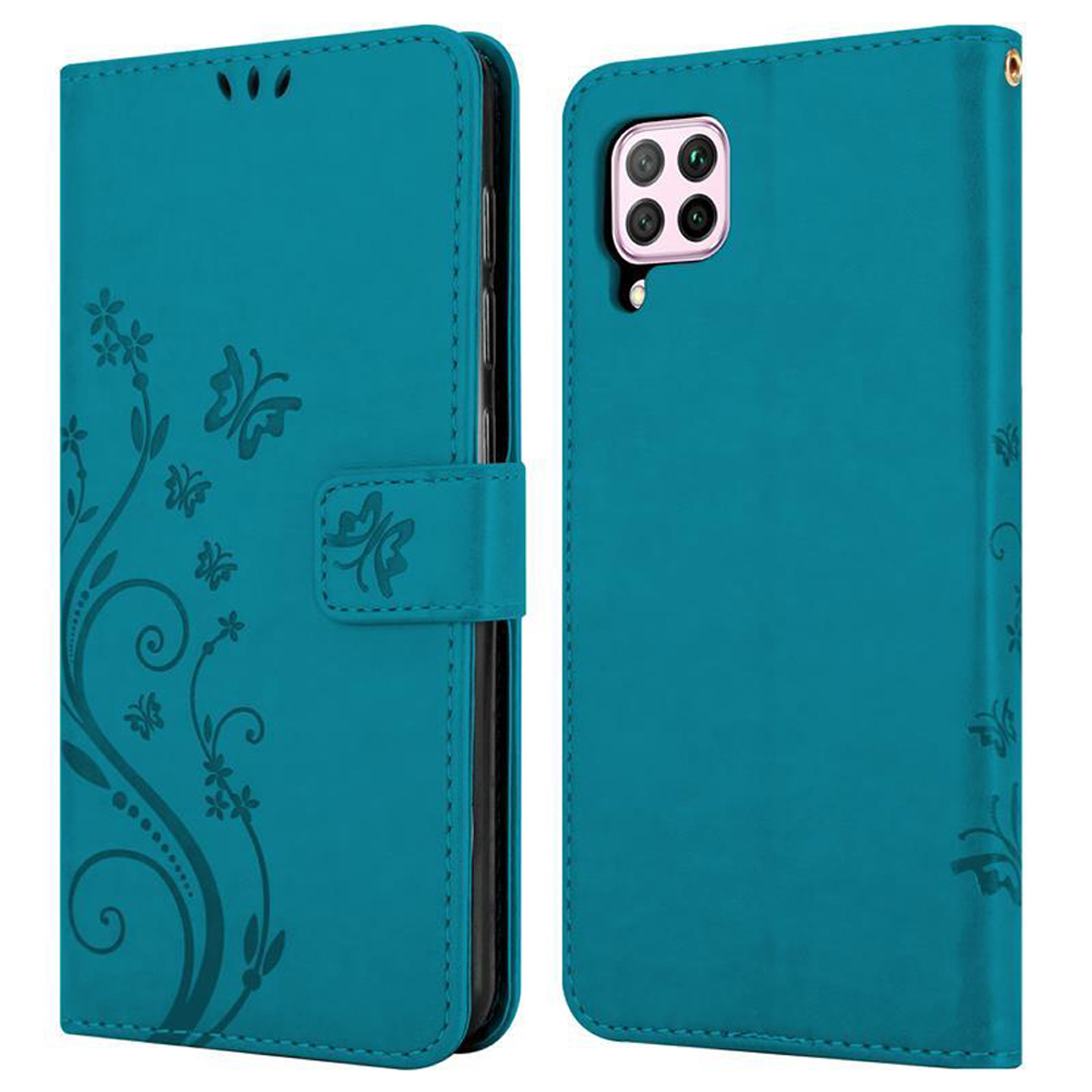 Custodia turchese per telefono, chiusa e aperta. Presenta un design floreale e a farfalla.