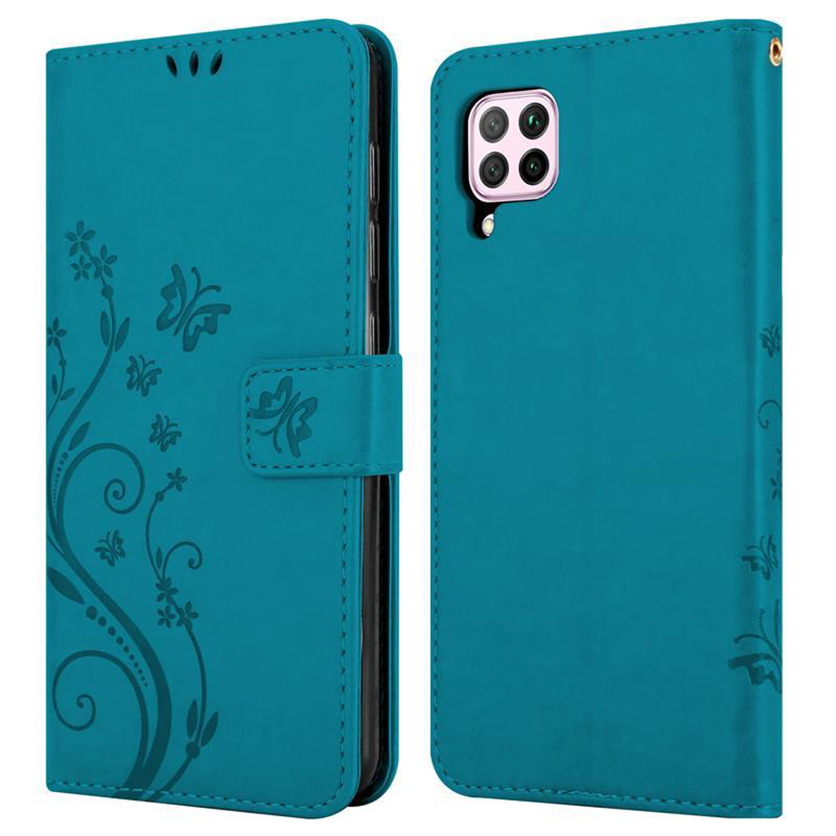 Custodia a portafoglio per telefono verde acqua, con design floreale, aperta che mostra il telefono. Chiusura magnetica.