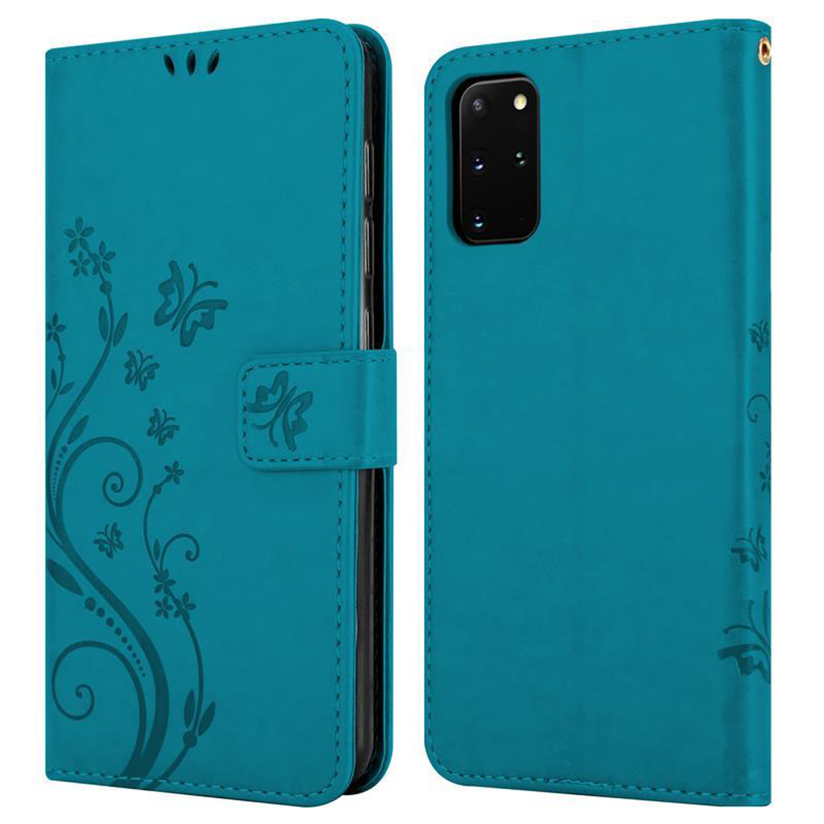 Türkisfarbene Handy-Brieftaschentasche, offen und geschlossen, mit Blumen- und Schmetterlingsdesign.