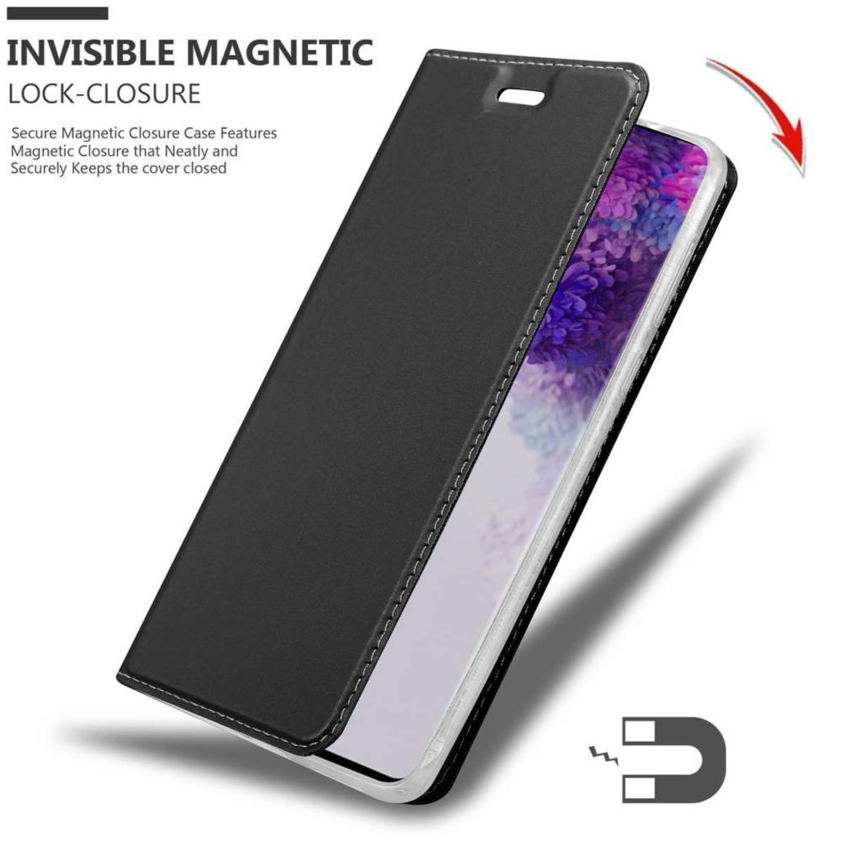 Schwarze Handyhülle. Magnetischer Verschluss. Sicherer Magnetverschluss. Text: Invisible Magnetic Lock-Closure.