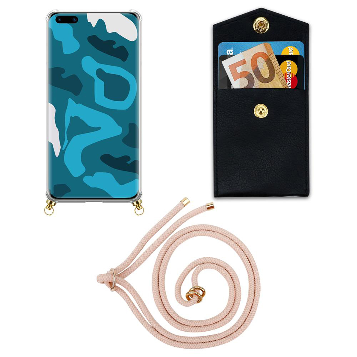 CADORABO Handy Kette Ringen, Hülle, Huawei, und Band Gold ROSÉGOLD PERLIG P40, abnehmbarer mit Kordel Backcover