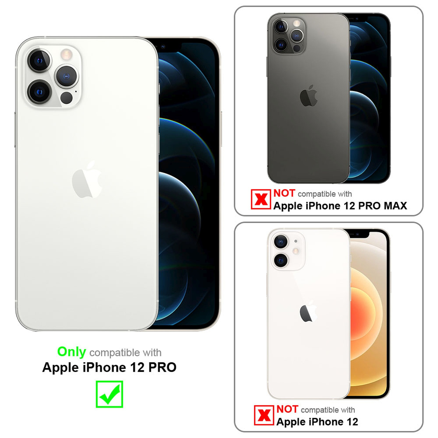 Weißes iPhone 12 Pro und graues iPhone 12 Pro Max. Text spezifiziert Kompatibilität nur mit iPhone 12 Pro.