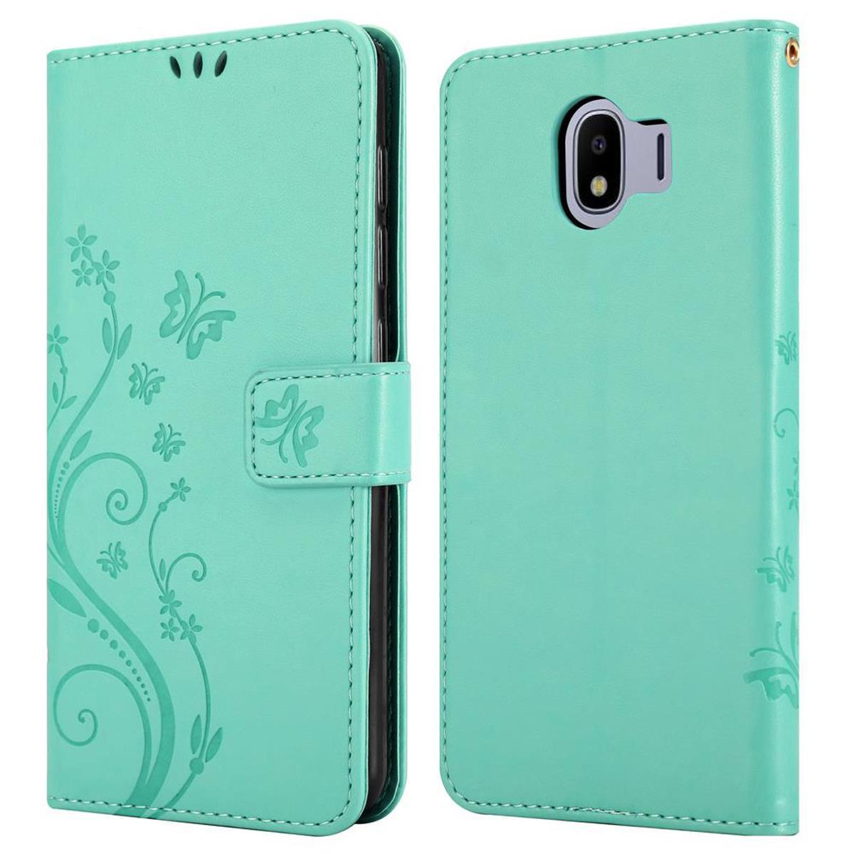 Una custodia per telefono verde menta, aperta, con un design floreale, che mostra il telefono all'interno.