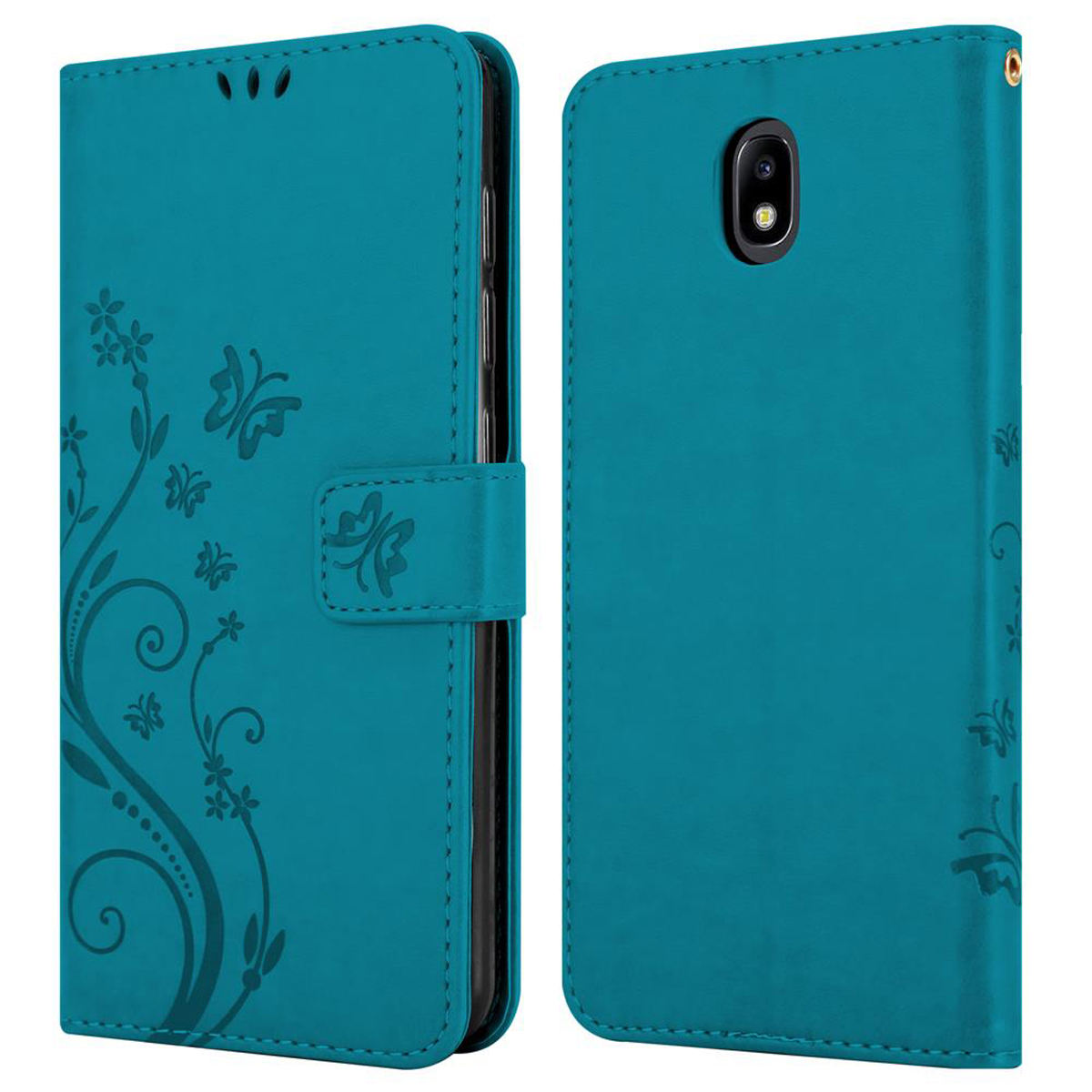 Custodia per telefono verde acqua aperta. La parte anteriore ha un design floreale. Il retro è verde acqua semplice. La chiusura è visibile.