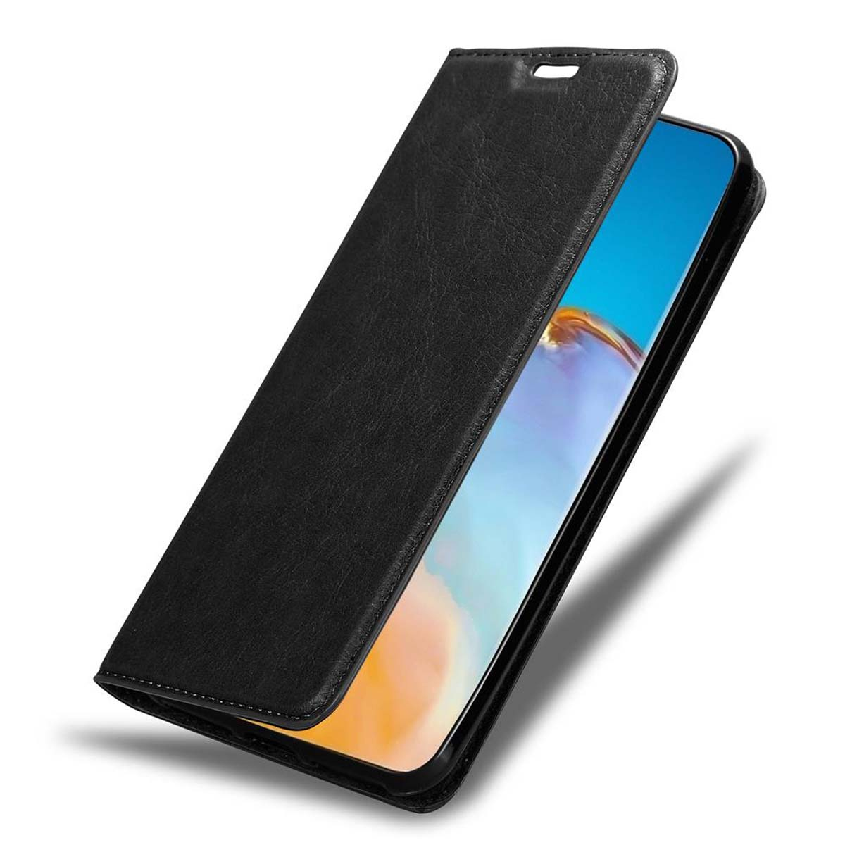 Schwarze Handyhülle, geöffnet, zeigt ein Telefon. Schwarz, mit sichtbarem Bildschirm.